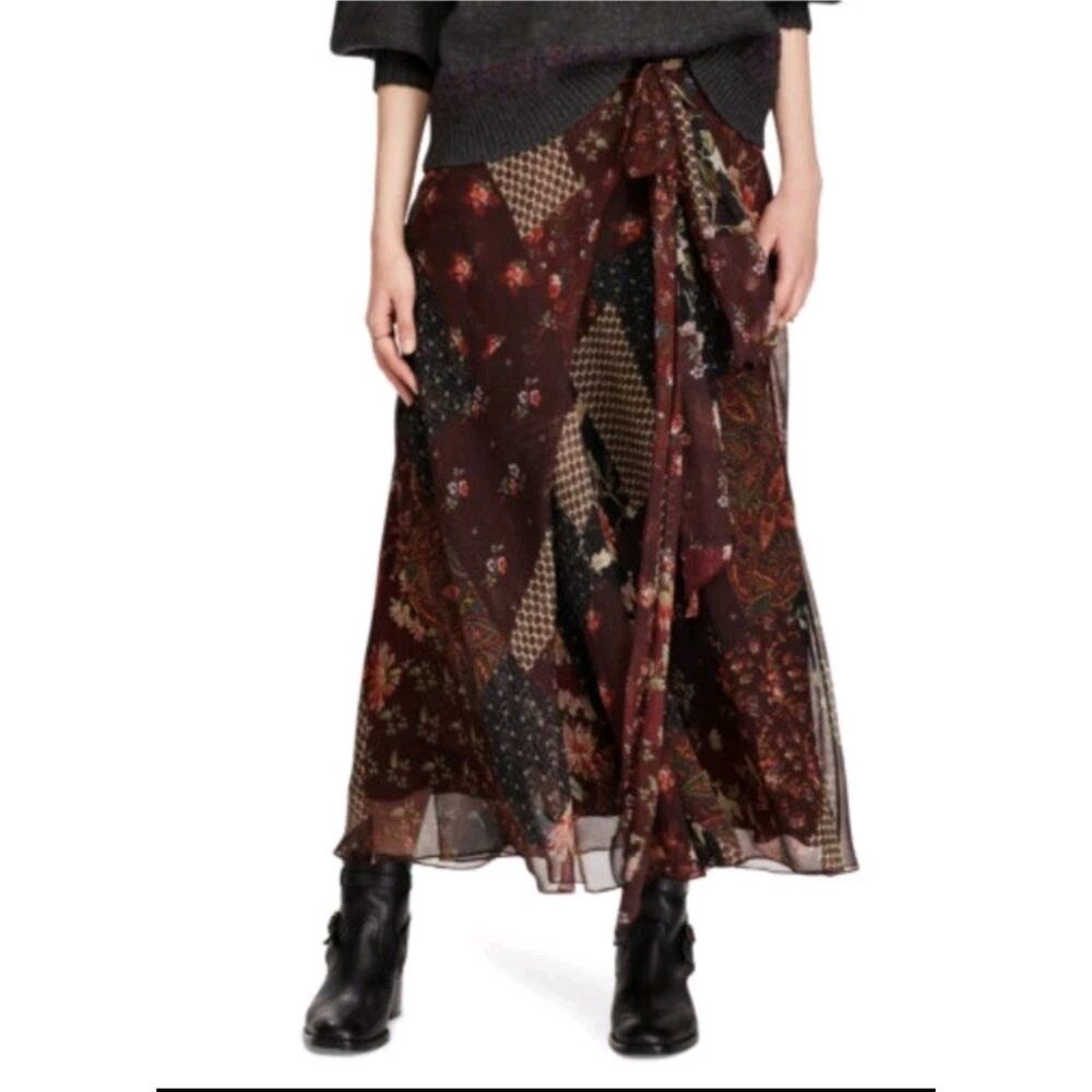 Polo Ralph Lauren Floral Patchwork Silk Chiffon Wrap Midi Skirt Romantic Boho